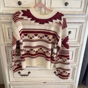 Ariat Cream and Burgundy Aztec-Pattern Crewneck Sweater